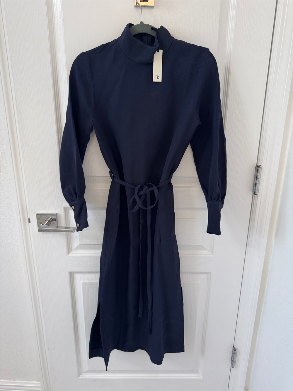 Banana Republic Navy Long-Sleeve Midi Dress with Self-Tie Waist XXS petite